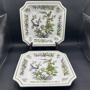 Pair Vintage Sanford Japan Porcelain Square Plates 1666 Birds Flowers Dish